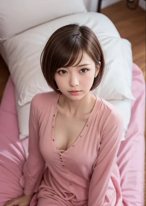 Cute 1 girl、、Big brown eyes、Short Pixie Cut Hair、 sleeping on her back on the bed、Shooting from above、Watching Me、Standing posture、in cute pink pajamas 、Full body portrait photography、Soft lighting、Well-balanced body、Sharp focus、High image quality、 High Re...