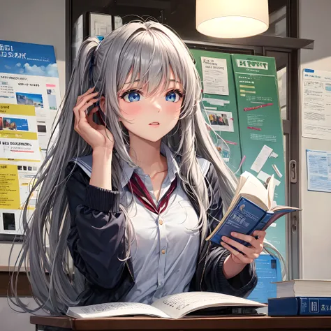 long hair gray , student , reading