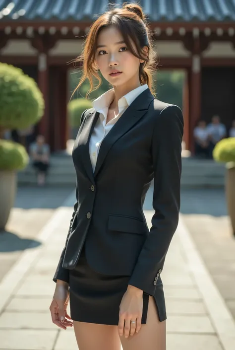 Best Quality, Realistic, Super detailed, finely, High Resolution , 8K wallpaper, 1 beautiful Japanese woman,, Light brown messy hair,Wearing a suit、Wear a side slit mini skirt、 Detailed and beautiful eyes, Thin Hair, Beautiful legs、talk、Looking at the cam...