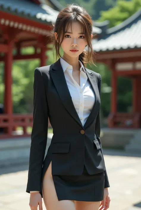 Best Quality, Realistic, Super detailed, finely, High Resolution , 8K wallpaper, 1 beautiful Japanese woman,, Light brown messy hair,Wearing a suit、Wear a side slit mini skirt、 Detailed and beautiful eyes, Thin Hair, Beautiful legs、talk、Looking at the cam...