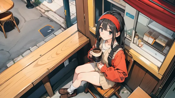  1 girl,Alone,Sitting,Black Hair,bird,View from above,White socks,Daytime,Long sleeve,Long Hair,red headband,Cafe,coffee