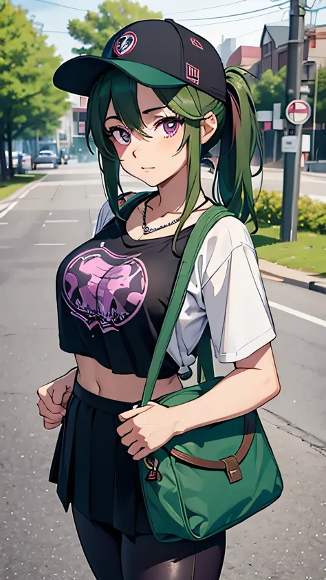 Backpacker, 1woman, Early 20s, Baseball cap, Mods Parka, T-Shirts, mini skirt, leggings, sneakers, Canvas shoulder bag, middle hair, dark green hair, ponytail, longeyelashes, purple eyes, large breasts, bead necklace, Hold up a sketchbook with your destina...