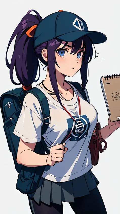 Backpacker, 1woman, Early 20s, Baseball cap, Mods Parka, T-Shirts, mini skirt, leggings, sneakers, Canvas shoulder bag,  ((Hold up a sketchbook with your destination written on it)), middle hair, dark purple hair, ponytail, longeyelashes, dark blue eyes, l...