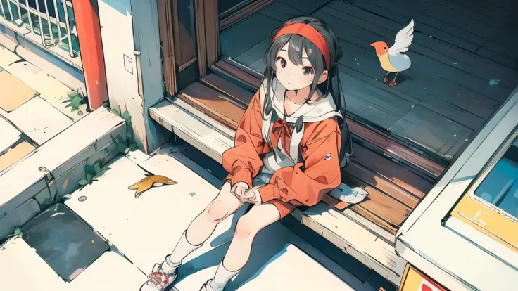  1 girl,Alone,Sitting,Black Hair,bird,View from above,White socks,Daytime,Long sleeve,Long Hair,red headband,stroll