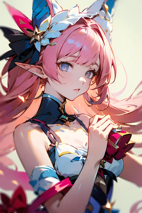 ((best quality)), ((masterpiece)), (detailed), 1girl, Female, pink hair, pink eyes, elf ears, holding a bow adorned with pink Crystals, elysia (summer miss elf) (honkai impact)