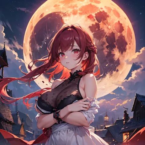 (upper body:1.5),(masterpiece:1.3),(best quality:1.3),sexy underwear,(high resolution:1.2),8k,cute lace underwear,colorful hair,medium breast,full moon ,Full moon filling the screen, French braid,fullbody,woman standing in the full moon,fantasy,very big mo...