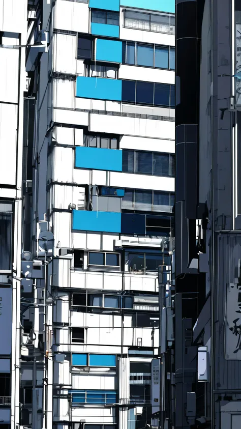 monochrome color, Blue Art, grayscales、​masterpiece、top-quality、Top image quality、straight haired、Hanging eyes、kawaii、A darK-haired、blue eyes、the wind、Buildings,Tokyo