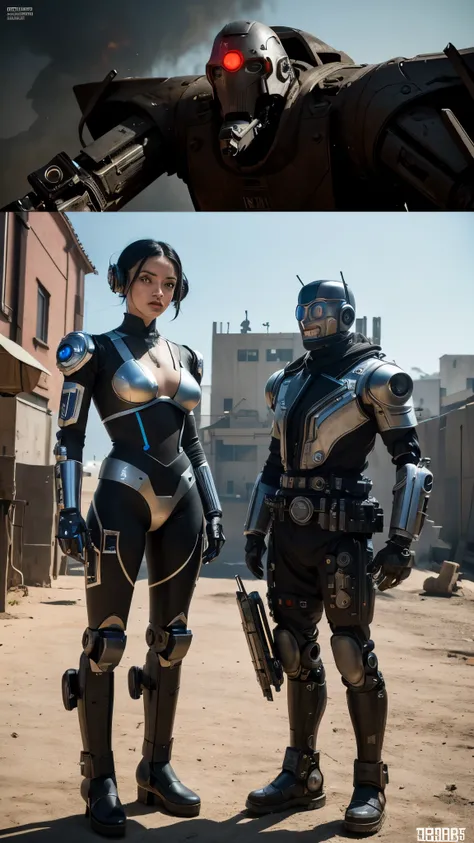 there are two robots that are standing next to each other, machines and futurist robots, death and robots, robot cyborgs, dieselpunk cyborgs, cyber steampunk 8 k 3 d, humanoid robots, still from alita, movie still of aztec cyborg, futuristic robots, from a...