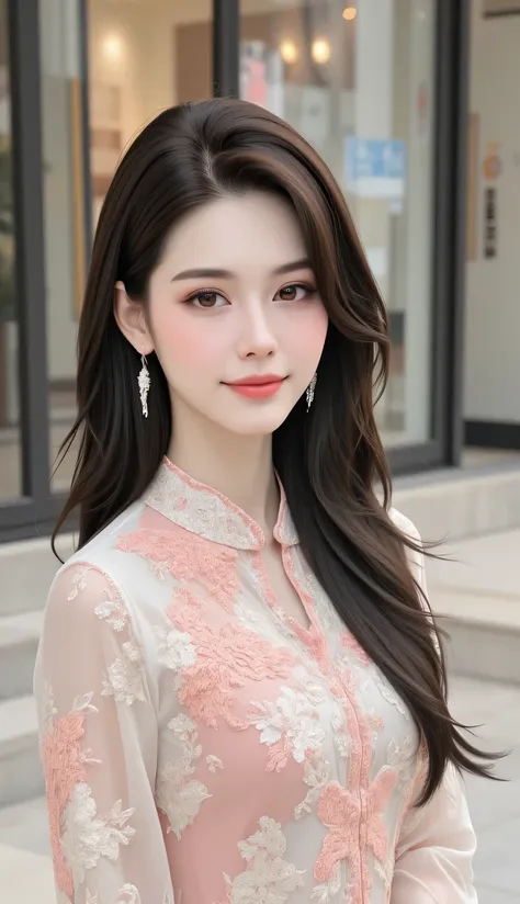 Portrait of a Korean lady at the age of 28, exuding elegance in her long, lustrous hair, a testament to her refined taste and graceful demeanor. Adorning an embroidered dress that displays her sophisticated fashion sense, she effortlessly combines traditio...