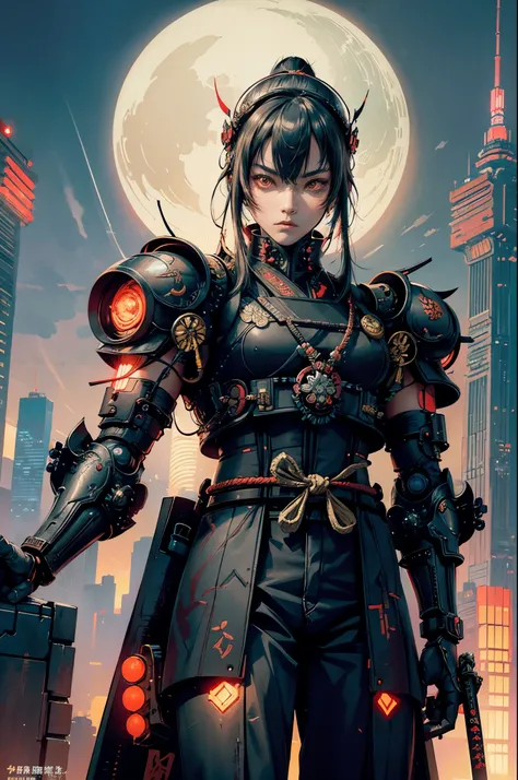 A futuristic Neotokyo setting with neon lights and towering skyscrapers. A cyborg samurai stands tall, wearing sleek armor with glowing accents. They wield a high-tech katana, ready for battle. Best quality, intricate details, clean lines, eye-catching com...