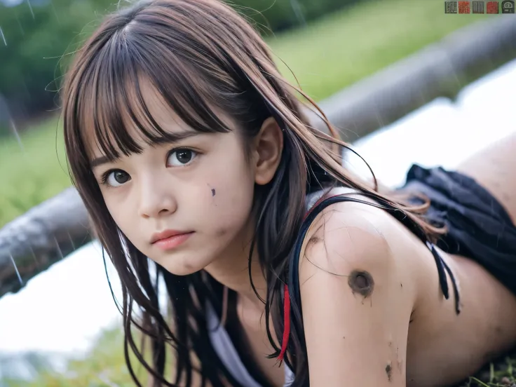 (close up low angle shot of one naked slender small breasts red brown wavy long hair with dull bangs girl in a samurai black arm...