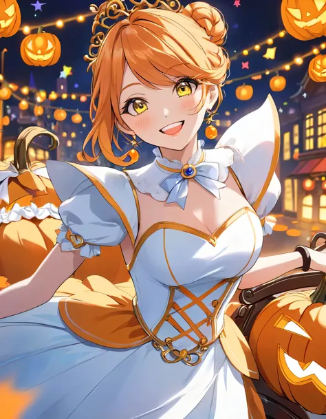  Adult Woman With Sharp Style, Short orange hair and yellow eyes、 Face Closeup 、Cinderella Outfit 、Urban Neon Background、Fearless Smile、Have fun dancing、Decoration、Pumpkin Carriage