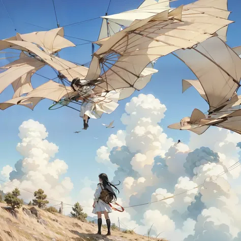 (masterpiece, Best Quality:1.2),  1 girl,  Bird glider を操縦する女の子, Bird glider  , Alone, 