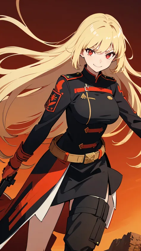 One Woman,red black combat uniform,Standing，Glare，( Pretty Fearless Smile),Big Breasts,Beautiful Face,Green,Long Hair, STRAIGHT HAIR,Blonde,Orange red eyes,Navajo white background,From before, anime style,((High image quality)),American