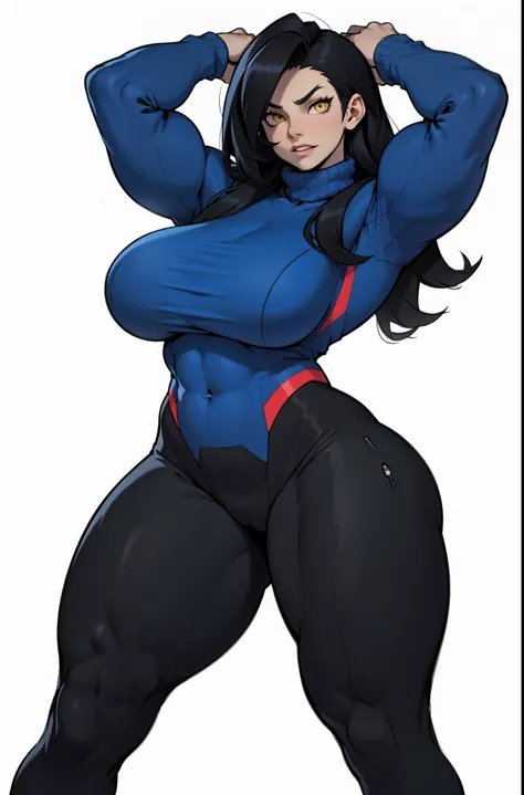 huge breasts feminine woman huge muscles toned body black hair yellow eyes pale skin long sleeve turtleneck leggings massive thighs confident expression