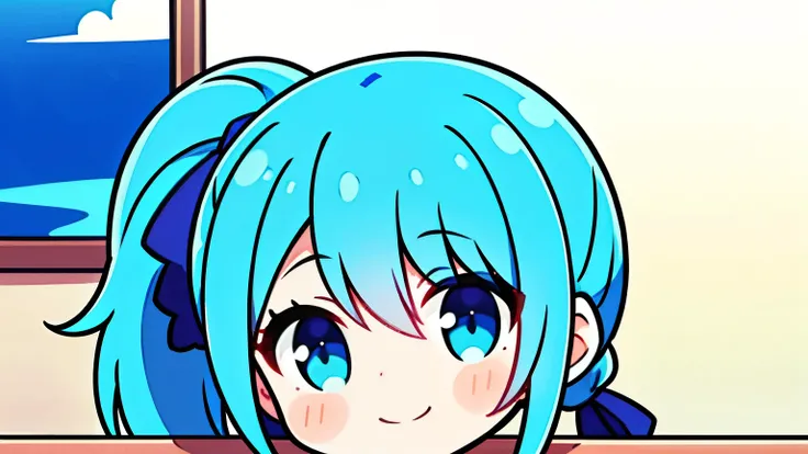 (Perfect image quality:1.1),(masterpiece:1.1),(High image quality:1.1),1 girl, Alone, Overall image,Blue Hair, Wearing a ponytail on both sides ,  staring at the camera,  smiling and beating her heart , Drinking tea,