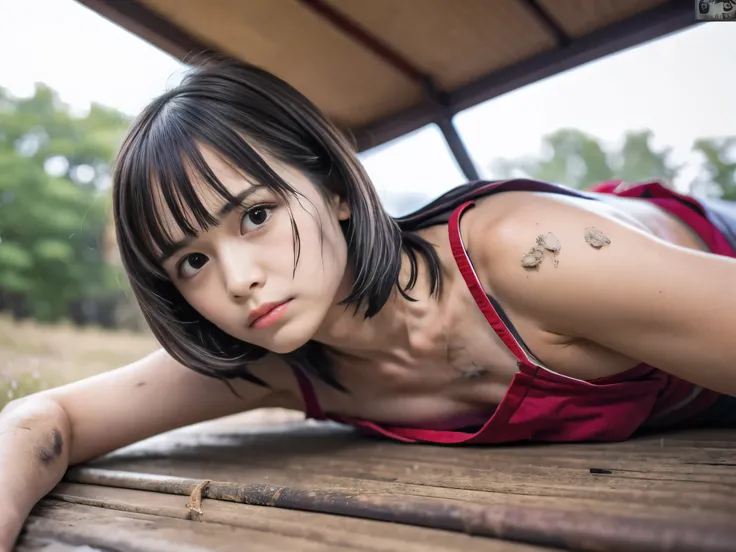 (Close up low angle shot of one naked slender small breasts round face brown short hair with bangs girl in a samurai black armor:1.5)、(One naked girl is lying with her back behind on the wilderness land at the Sengoku period in Japan with crying dirty face...