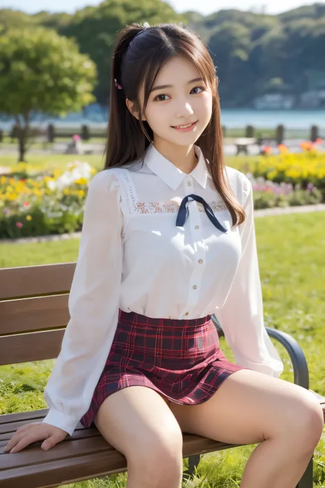 1 young girl,very cute and beautiful japanese teen actress,highly detailed beautiful face, white blouse,long sleeve,sitting on bench,spread legs,laced white panties,smile,looking at viewer,hime cut,hair ribbon BREAK dynamic angle,flower garden,grassland,oc...