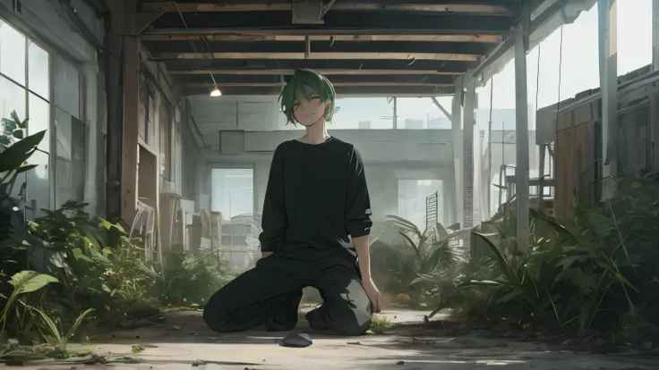 Gloomy background, alone, Look at the viewer, Sleeping, shirt, Green hair, 1 man, Green eyes, shirtแจ็กเกต, Focus on men, Full body