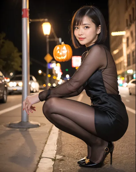 Cute young woman, Short black hair,  Brown Eyes , ,classy halloween dress,  Super Realistic Pantyhose 、Street lights,neon,Busy street background, Halloween Party、(Princess Eyes), noble, Royalty, High image quality, masterpiece, Advanced Details, Full Body ...