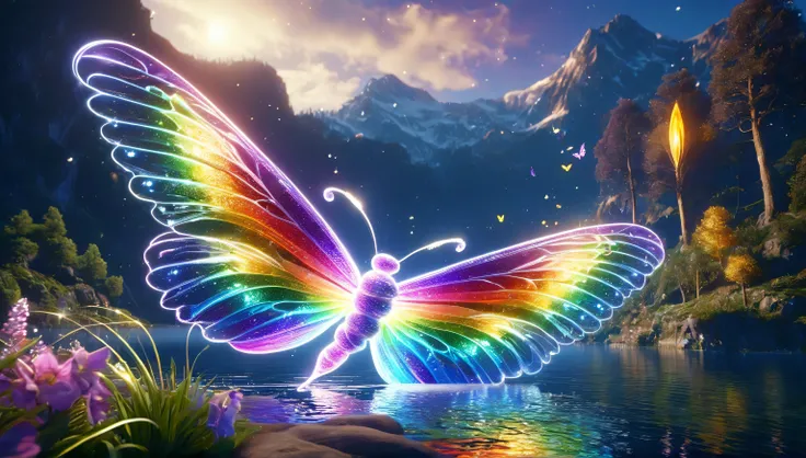  butterfly flapping its wings in the dark々Shine、Beautiful as a dream、It touches my heart..,butterfly々:Rainbow-colored:Seven Colors:Illumination:Shine,Dark Background,flash,Very flash,masterpiece,Masterpiece,Best Composition,Beautiful sight,Dreamy,Gently Sh...