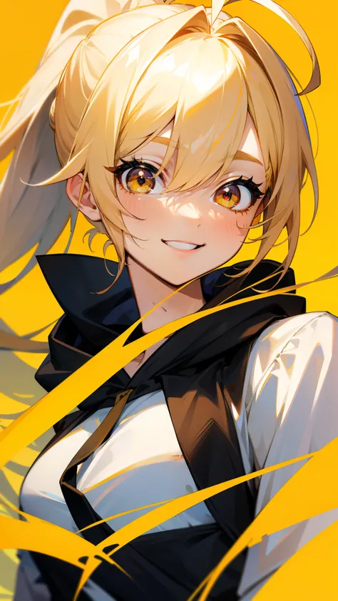 (Best Quality、masterpiece、Every detail)  Anime Girls 、Yellow Hair、Ponytail、Ahoge、Red eyes、Upper body close-up、smile、smile、White shirt、Wear a black hoodie