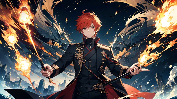 ((masterpiece, Redeem)), ((Attractive man)), ((Delicate hands)), Length 180cm, Beauty, Sharp golden eyes, Short, messy, flame-red hair, Medium, Great look, Hes wearing a disheveled black dress shirt with rolled up sleeves., Black skinny pants,  has a sword...