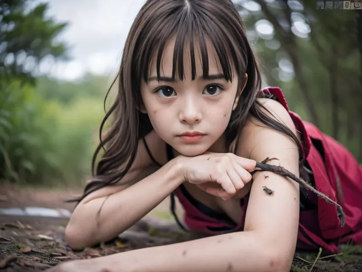 (close up low angle shot of one naked slender small breasts red brown wavy long hair with dull bangs girl in a samurai red armor...