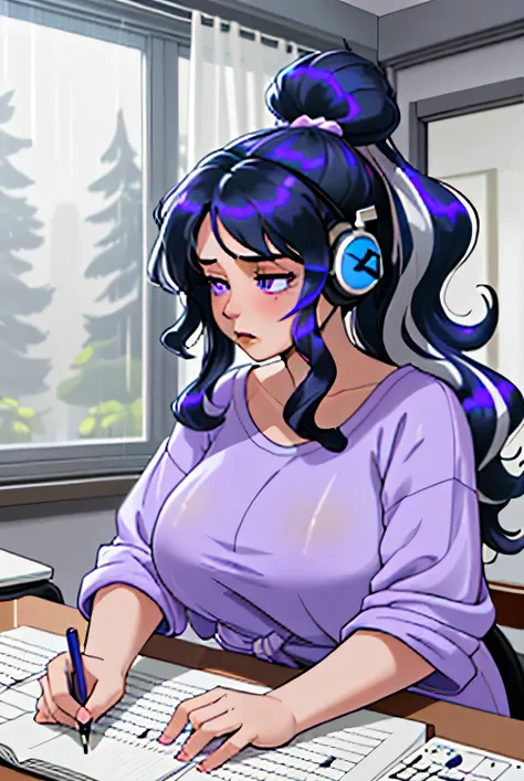 17-year-old woman: long wavy hair, with dark blue hair, with white streaks in her hair, lilac eyes. her body and shape: balanced chubby. Woman is dressed in comfortable clothes and has headphones in her ears. she is composing a song, writing in her noteboo...