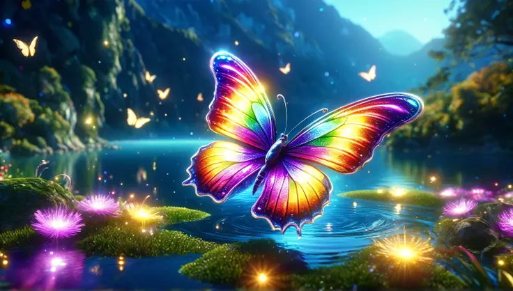  butterfly flapping its wings in the dark々Shine、Beautiful as a dream、It touches my heart..,butterfly々:Rainbow-colored:Seven Colors:Illumination:Shine,Dark Background,flash,Very flash,masterpiece,Masterpiece,Best Composition,Beautiful sight,Dreamy,Gently Sh...