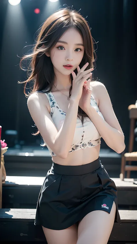 ulzzang-6500-v1.1, (RAW photo: 1.2), (Real photo), (Real photo: 1.4), 1 girl、Perfect anatomy、1、Looking at the camera、Medium length hair、dance skirt, ((performing on stage: 1.1))、(Business service)、Asian eyes Ella,