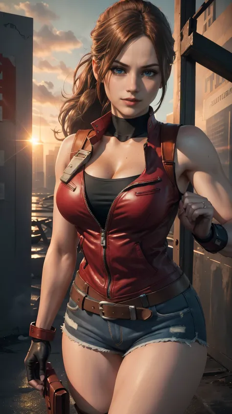 Claire redfield da resident evil,(best quality, 4K,8k,high resolution,work of art:1.2)(weather: sunset), city ruins background, police station, wide hips, long curly hair, short ponytail hair, brown hair, freckles, sleeveless top, short sleeve red jacket, ...