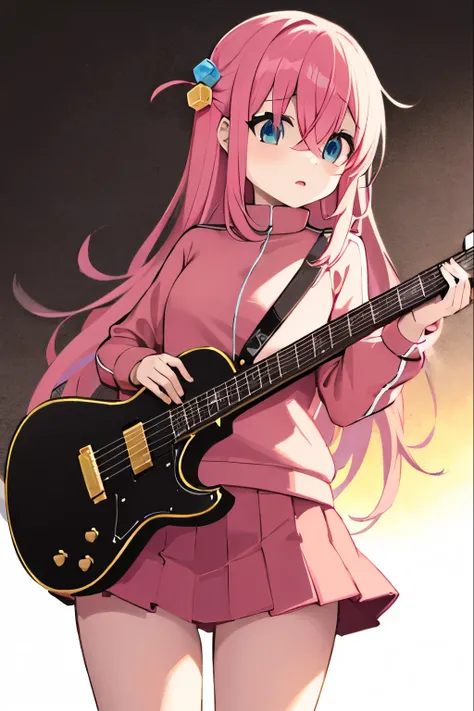 masterpiece, best quality, high resolution, goto 1, goto hitori, solo, skirt, pink jacket, track jacket, bangs, hair between eyes , long sleeves, stage, holding instrument, guitar,