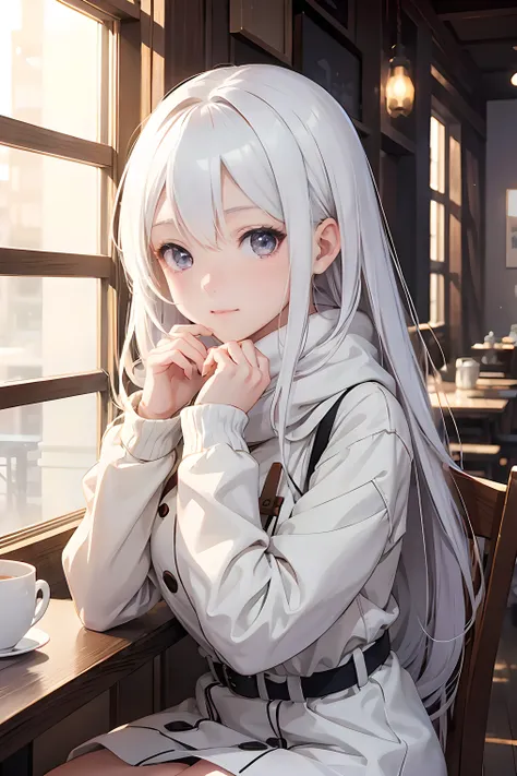 1 girl,Anime style, Winter Fashion Clothes,Long white hair,Cute ,  Hot latte with cute cat print on wooden table, Chocolate Mini Cake1pc,  winter cafe atmosphere ,makoto shinkai,White balance,HD,8k