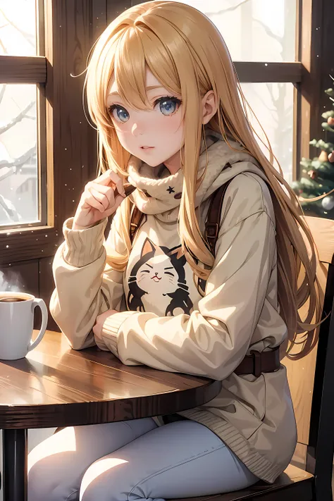 1 girl,Anime style, Winter Fashion Clothes,Long golden hair,Cute ,  Hot latte with cute cat print on wooden table, Scattered coffee beans ,  winter cafe atmosphere ,makoto shinkai,White balance,HD,8k