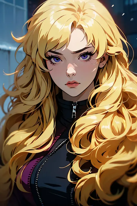 hyper-realistic of a mysterious woman with a high and blond hair, long hair, curly hair, thin and blonde eyebrow, piercing purple eyes, upper body, winter, ANIME STYLE, yang xiao long from rwby