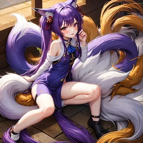 fox girl, purple hair, nine tail