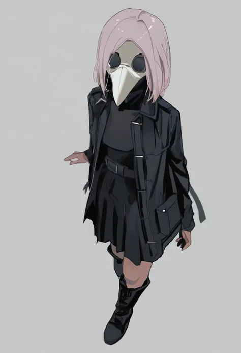 score_9, score_8_up, score_7_up, best quality, BREAK, masterpiece,high quality, 8K, Female, Anime, Short lavender-haired, Fair skin, plague doctor outfit, Black plague doctor mask fully covering her face, Black jacket, Black longskirt, Black boots, high an...