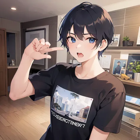 (looking at viewer:1.5),upper body,spread arms、
shiny skin, masterpiece、Best Quality、(25-year-old male:1.5) and (Black short hair) and (blue eyes),
 black t-shirt 、
(flabbergasted:1.5),open mouth,
The background is the living room at night、（alone:1.5）