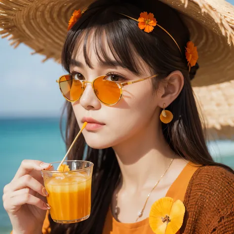 Absurd, high resolution, Super detailed, 1 Girl, Solitary, Extremely detailed eyes, stash, seashell, shell, flower, have, Hair accessories, Jewelry, straw have, Looking at the audience, sunglasses, have flower, straw, Hairpin, earrings, red flower, have ti...