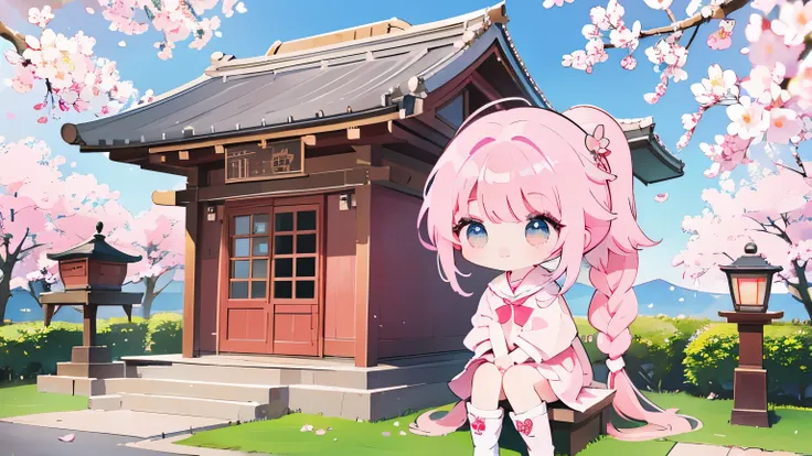 best quality、master piece、highres、Chibi character style、kawaii、Low angle、full body shot、looking at the camera、girl、One person、slim、fair skin、ponytail、braid、pink hair、mischievous smile、pink sailor suit 、 leaf and cherry blossom motif boots、Cherry blossom ha...