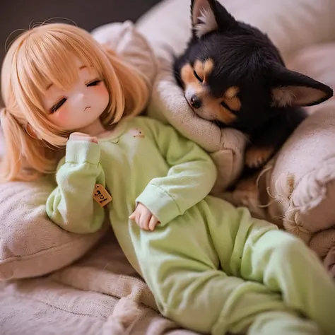 Shiba Inu girl sleeping in chibi pajamas、Girls sleeping in bed