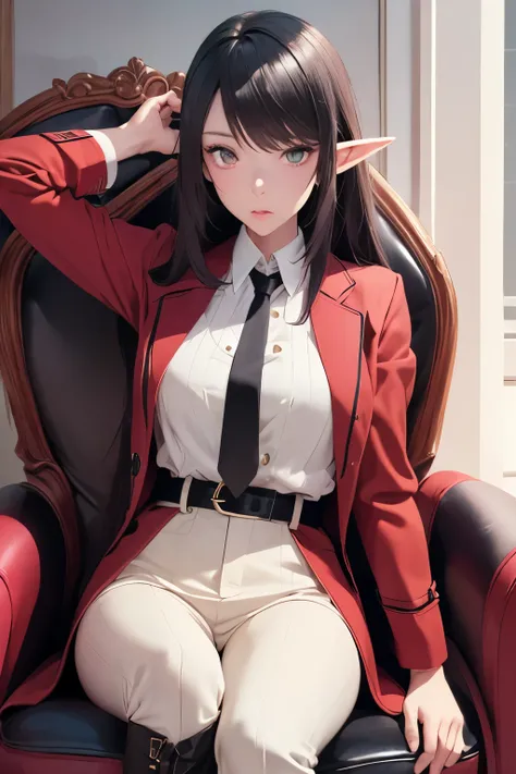 A female elf anime character sitting on a throne with her face resting on one hand with a serious and penetrating look. Young and serene in appearance with long, below-the-shoulder length, wavy, dark black hair, with an asymmetrical hairstyle that partiall...