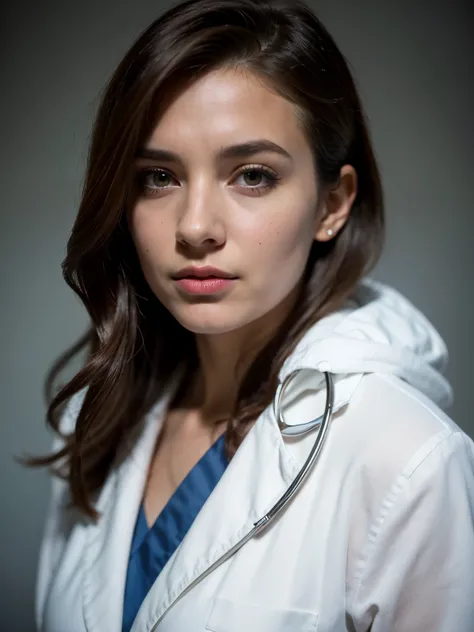 (Medium shot),  A beautiful woman in a white doctors coat, with a stethoscope, High-quality image, masterpiece,  Detailed hair texture ,   detailed skin texture  ,  Detailed fabric texture , 8k, Fabric details  hinzufügen, ultra   detailed skin texture  , ...