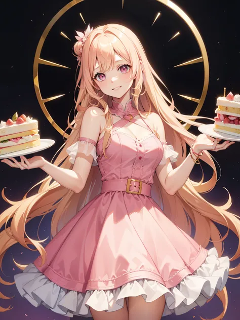 One adult woman, pink eyes, long blonde hair, pink dress, smile, holding cake