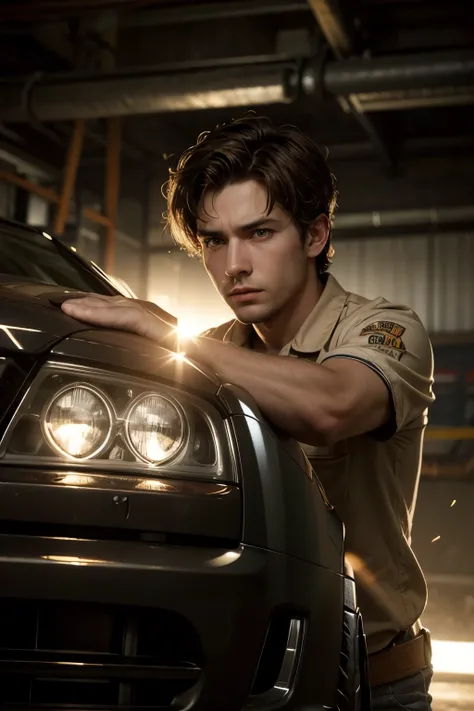 Man mechanic working on the underside of a car, brown hair, very short hair, furrowed brow, amber eyes, serious, Social realism, Hyperrealism, depth of field, cinematic lighting, drop shadow, speed lines, lens flare, Ultra-Wide Angle, UHD, textured skin, s...