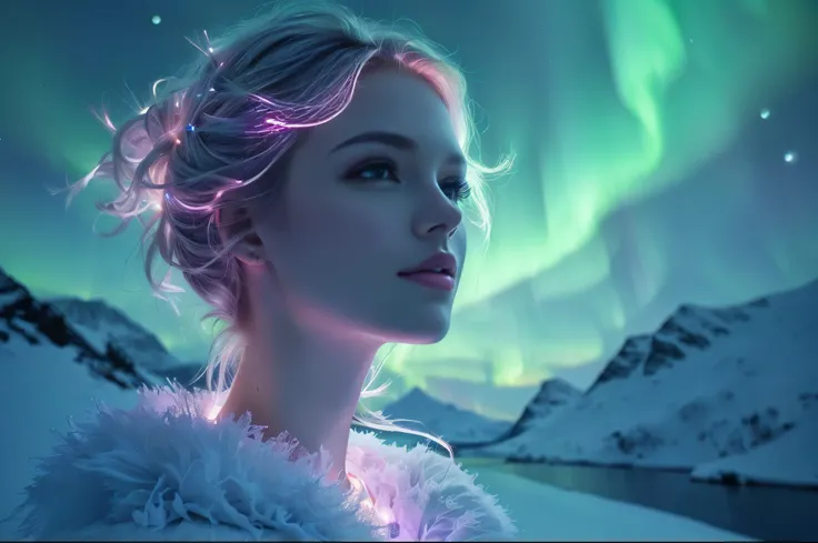 Beautiful girl shining illuminated by auroras