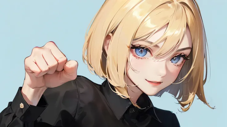 ((One Girl))),((((Right eye close-up)))、((( pale blue background ))),((((Straight punch))),((( blonde bob short hair))),((())、((Eyes are pointing upwards)),Front view、,Masterpiece,best quality,,((Black Shirt))、((Smile))、determined expression, Upper body di...