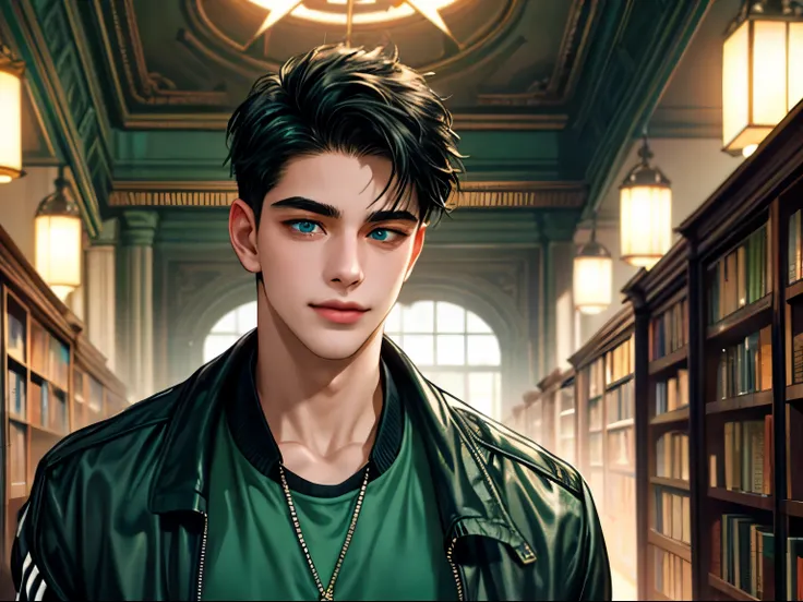 a handsome young man, 21 years old, black hair, badboy, short hair, blue eyes, ombros largos, masterpiece, absurd face, beautiful and detailed,  seductive smile ,  with dark green Adidas jacket , sunny environment during the day, In a library