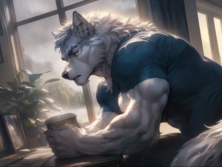 (By Empty Ghost, From thebigslick, By Dark Gem, Will chase), High-quality photos, Perfect anatomical structure, (wolf print), bara wolf, wolf, 30, (white fur:1.3), (massive pectoral muscles), strong physique, chubby, perfect anatomy, masterpiece, giant bic...